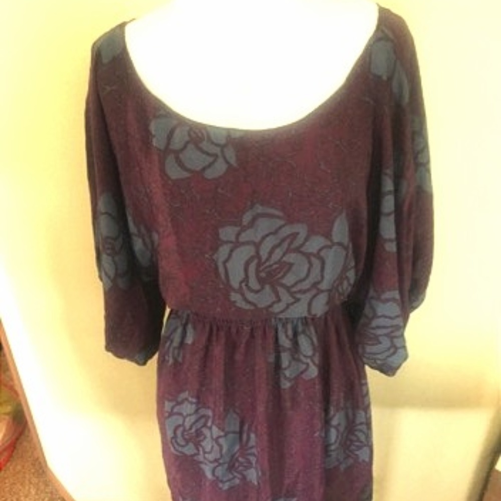 Black Halo Purple Floral Drop Shoulder Silk Dress